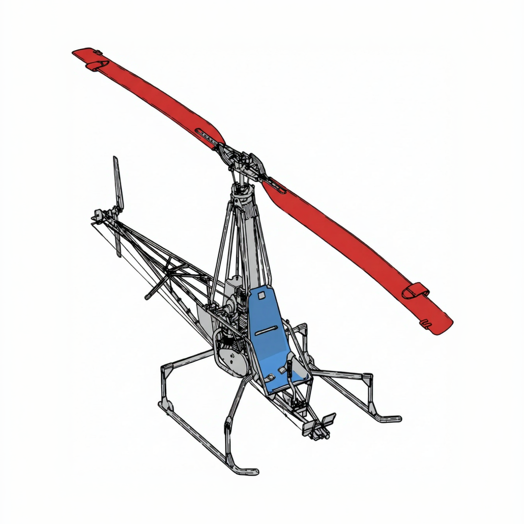 Illustration of a helicopter with a red rotor and blue body on a white background